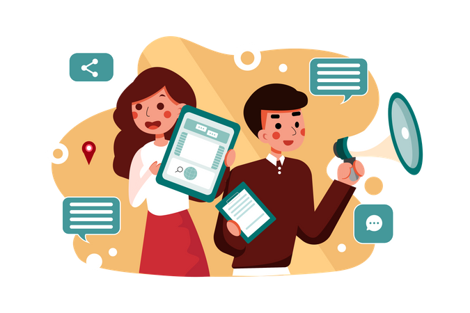 Male and female marketing employees doing social media marketing  Illustration