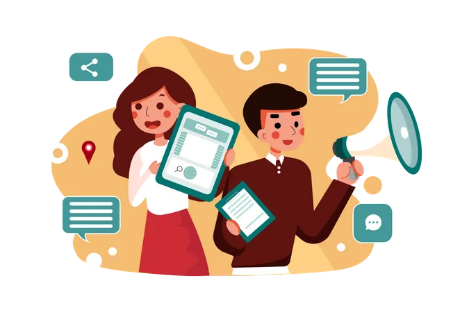 Male and female marketing employees doing social media marketing  Illustration