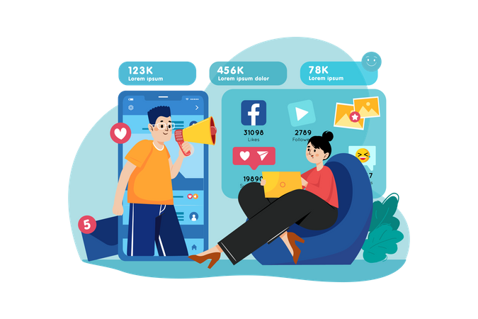 Male and female marketing employees doing social media marketing Illustration