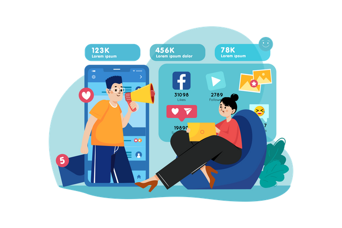 Male and female marketing employees doing social media marketing  Illustration