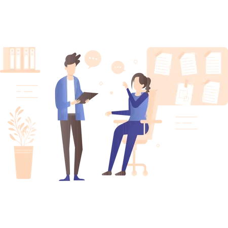 Male and female office employee discussing business plan Illustration