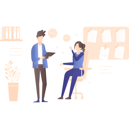 Male and female office employee discussing business plan  Illustration