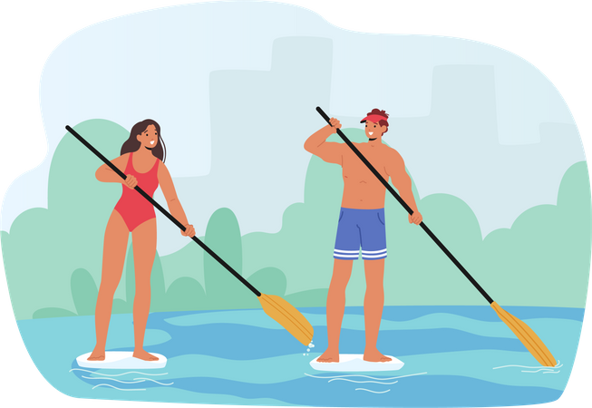 Male and Female Paddle boarding Illustration