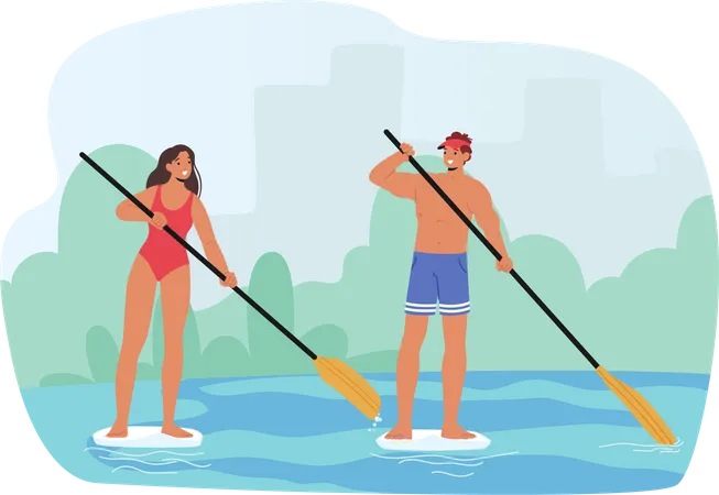 Male and Female Paddle boarding Illustration
