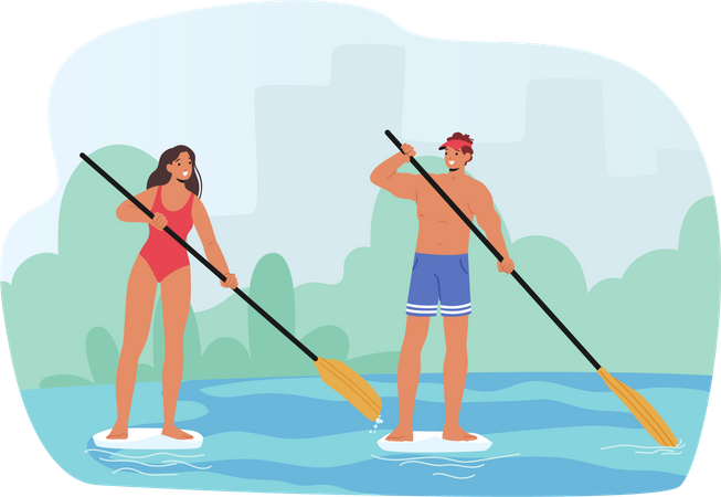 Male and Female Paddle boarding  イラスト