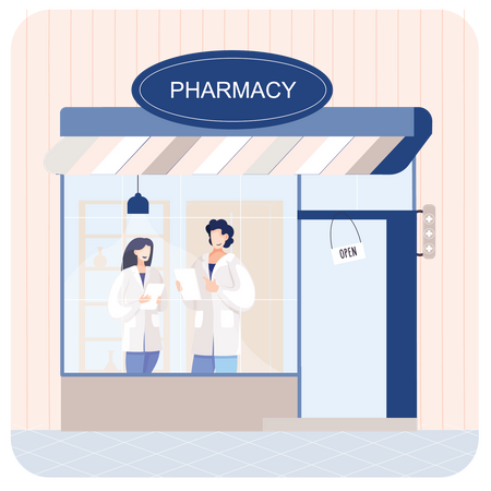 Male and female Pharmacist standing in Medicine Store  Illustration