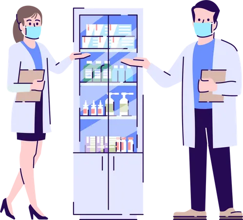 Male and female Pharmacist wearing face mask Illustration