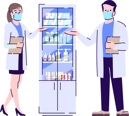 Male and female Pharmacist wearing face mask  Illustration