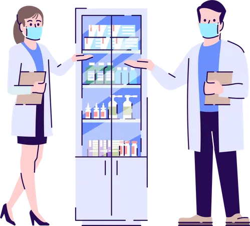 Male and female Pharmacist wearing face mask  Illustration