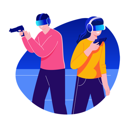 Male and female playing shooting game using vr technology  Illustration