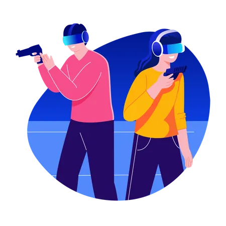 Male and female playing shooting game using vr technology  Illustration