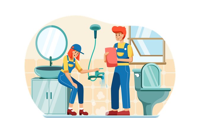 Male and female plumber fixing pipe Illustration