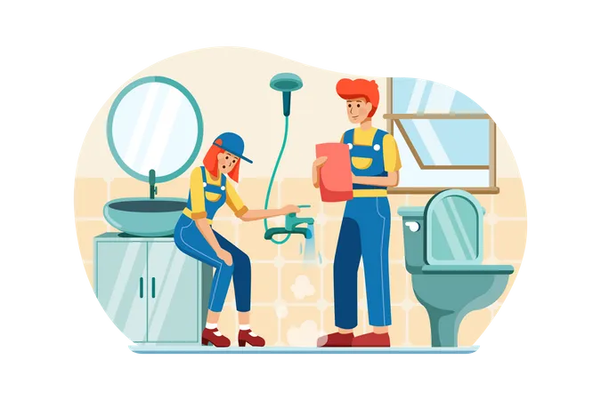 Male and female plumber fixing pipe Illustration