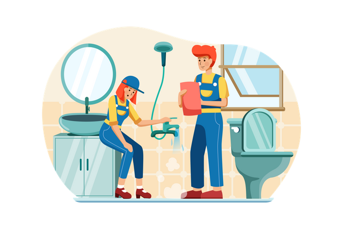 Male and female plumber fixing pipe  Illustration