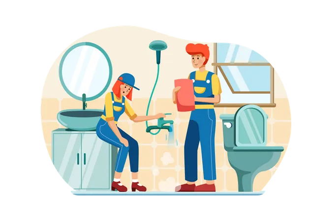 Male and female plumber fixing pipe  Illustration