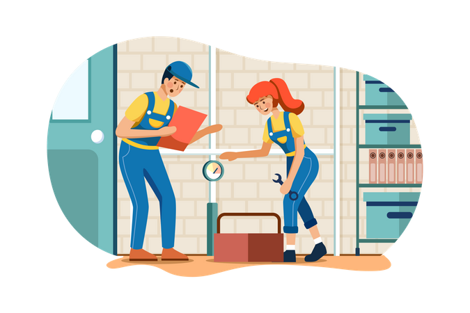 Male and female plumbers fitting pipe Illustration