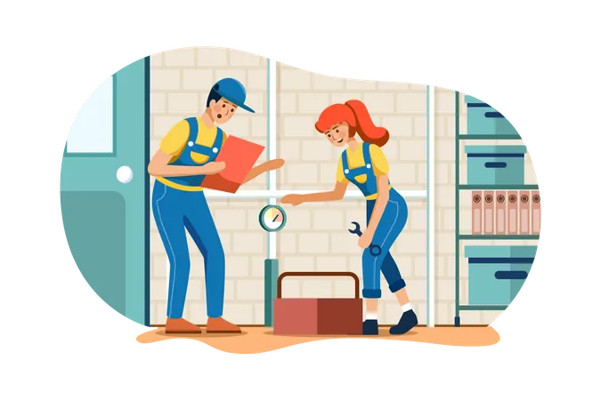 Male and female plumbers fitting pipe Illustration