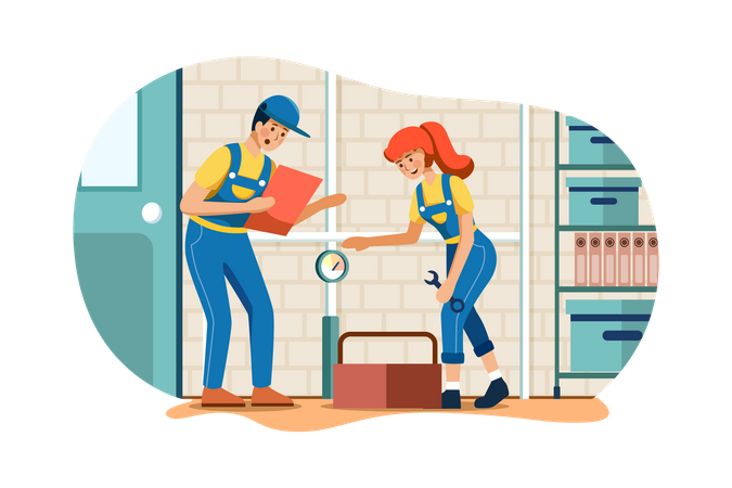 Male and female plumbers fitting pipe  Illustration