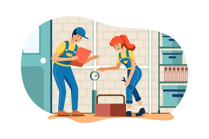 Male and female plumbers fitting pipe  Illustration