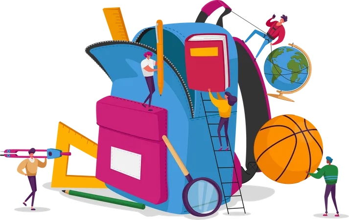 Tiny Male And Female Characters Put In Huge Backpack Educational Tools Stationery Ball Globe And Book For Different Disciplines Back To School Education Concept Cartoon People Vector Illustration Illustration
