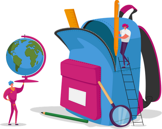 Male and Female Put School Stationery and Learning Equipment to Rucksack Illustration