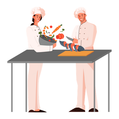 Male and female restaurant chef cooking meal on the kitchen  Illustration