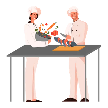 Male and female restaurant chef cooking meal on the kitchen  Illustration