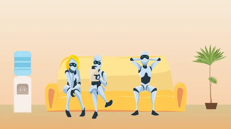 Male and female robots sitting on couch Illustration