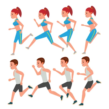 Male And Female Running Vector. Animation Frames Set. Sport Athlete Fitness Character. Marathon Road Race Runner. Woman Side View. Sportswear. Jogging Couple, Workout. Isolated Flat Illustration Illustration