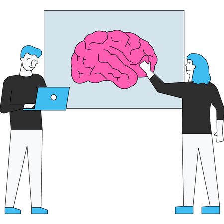 Male and female scientist developing ai brain  Illustration
