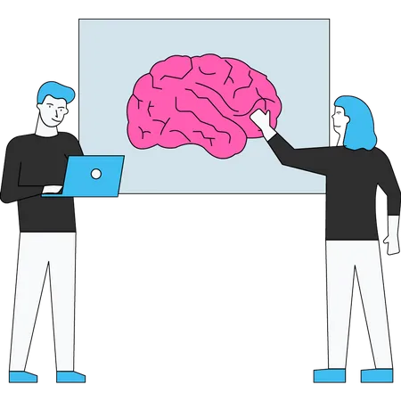 Male and female scientist developing ai brain Illustration