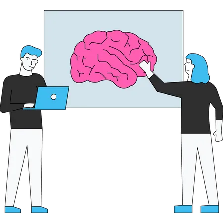 Male and female scientist developing ai brain  Illustration