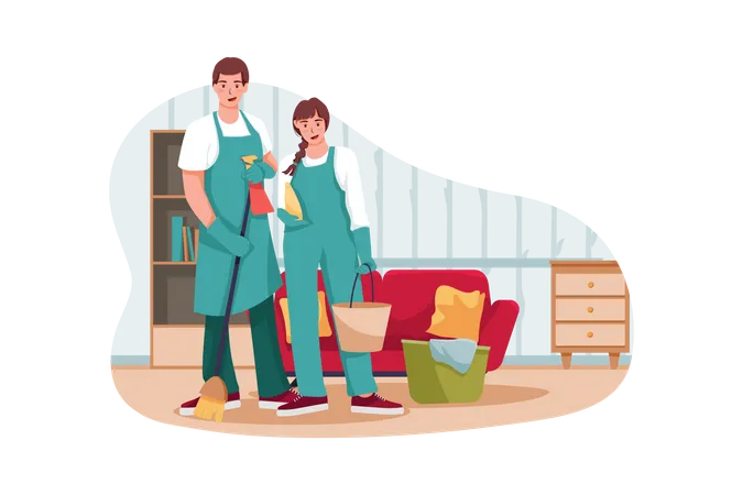 Male and female servant cleaning room Illustration