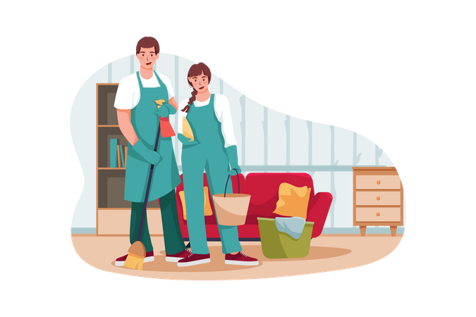 Male and female servant cleaning room  Illustration