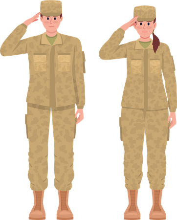 Male and female soldiers saluting Illustration