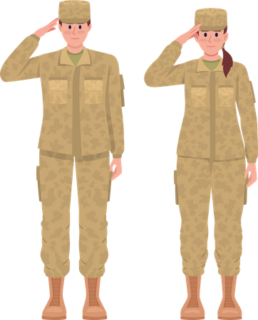 Male and female soldiers saluting  Illustration