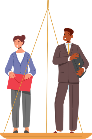 Male and Female Stand on Scales  Illustration