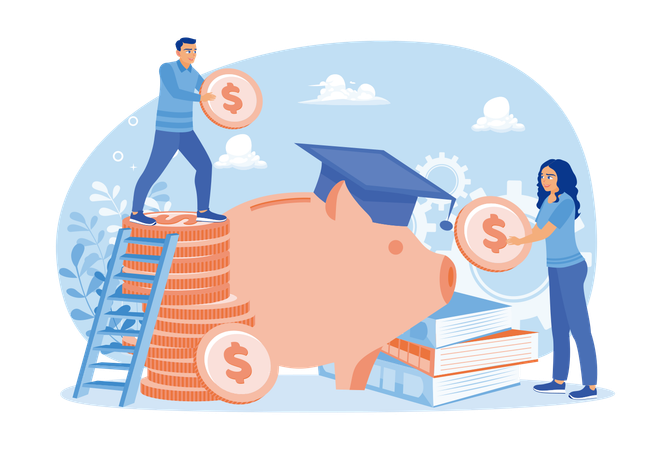 Male and female students save in piggy banks  Illustration