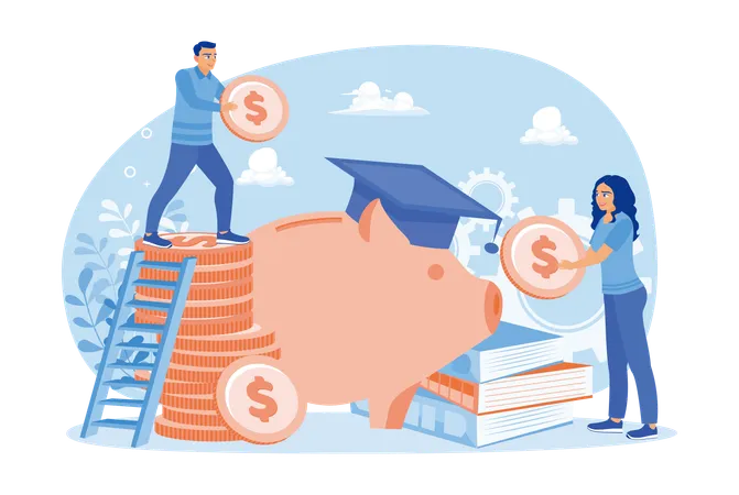 Male and female students save in piggy banks  Illustration