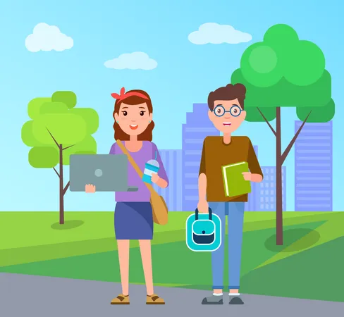 Male and Female Students with Handbags  Illustration