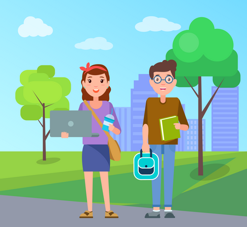 Male and Female Students with Handbags  Illustration