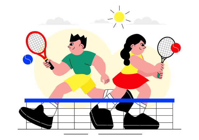 Male and female Tennis Player Holding a Racket with a Ball on the Court during a Sports Match  Illustration