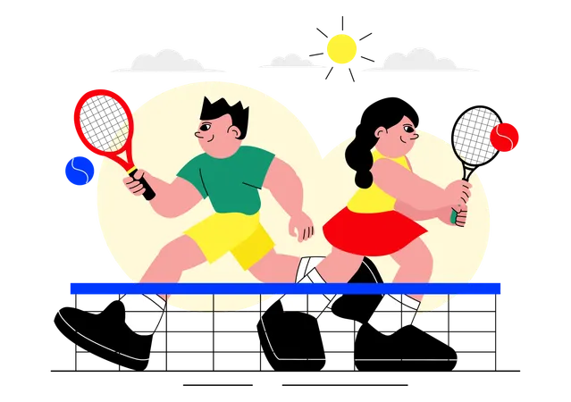 Male and female Tennis Player Holding a Racket with a Ball on the Court during a Sports Match  Illustration