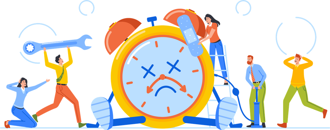 Male and Female Trying to Fix Broken Alarm Clock  Illustration