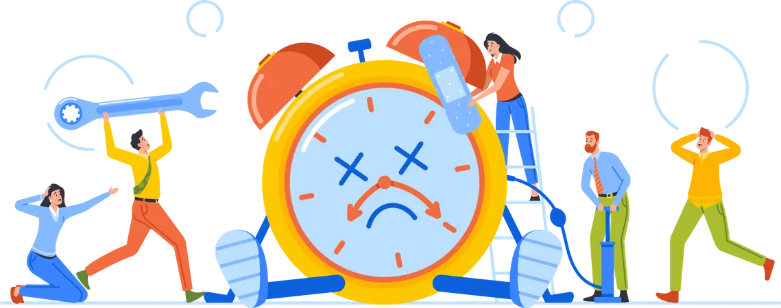 Time Is Over Concept Tiny Male And Female Characters Trying To Fix Broken Alarm Clock Office Men And Women With Wrench And Patch Around Of Huge Clock Cartoon People Vector Illustration Illustration