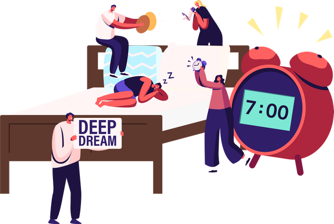 Male and Female Wake Up Man Sleeping on Bed with Alarm Clock Illustration
