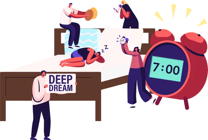 Male and Female Wake Up Man Sleeping on Bed with Alarm Clock  Illustration