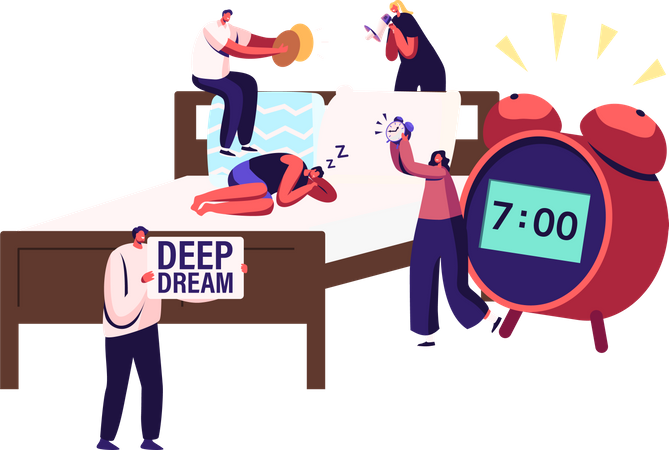 Male and Female Wake Up Man Sleeping on Bed with Alarm Clock  Illustration