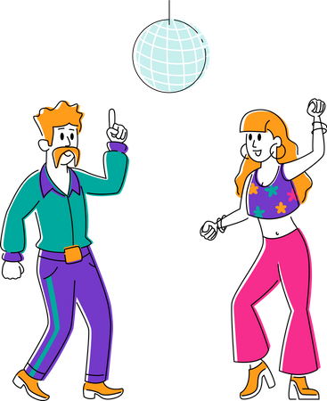 Male and Female Wearing Stylized Retro Costumes Dance at Disco Party  Illustration