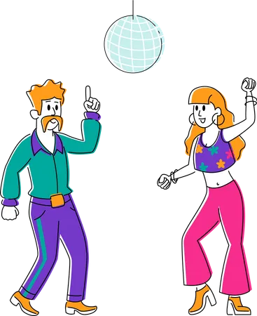 Male and Female Wearing Stylized Retro Costumes Dance at Disco Party  Illustration